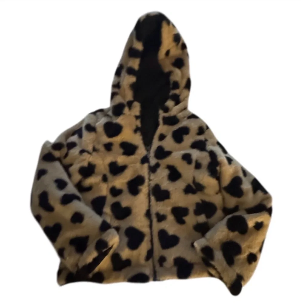 Kids Black Puffer Jacket with Leopard-Print Hood Lining - Picture 2 of 6